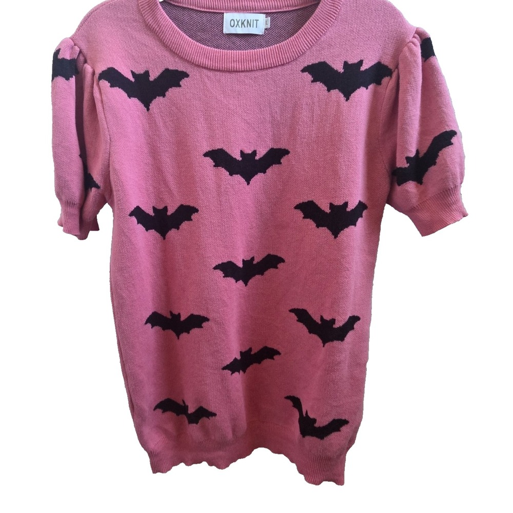 Pink Bat Sweater Womens L OXKNIT Puff Sleeve Halloween Goth 100% Cotton